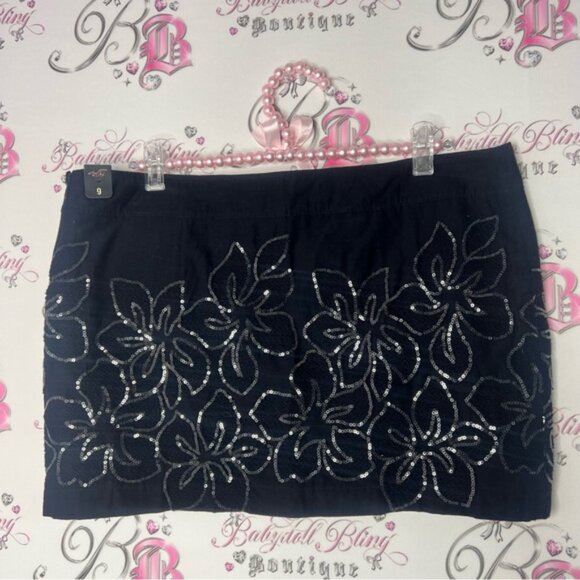 Hollister skirt tropical flowers sequin embroidered sparkly shiny black floral - Picture 2 of 8